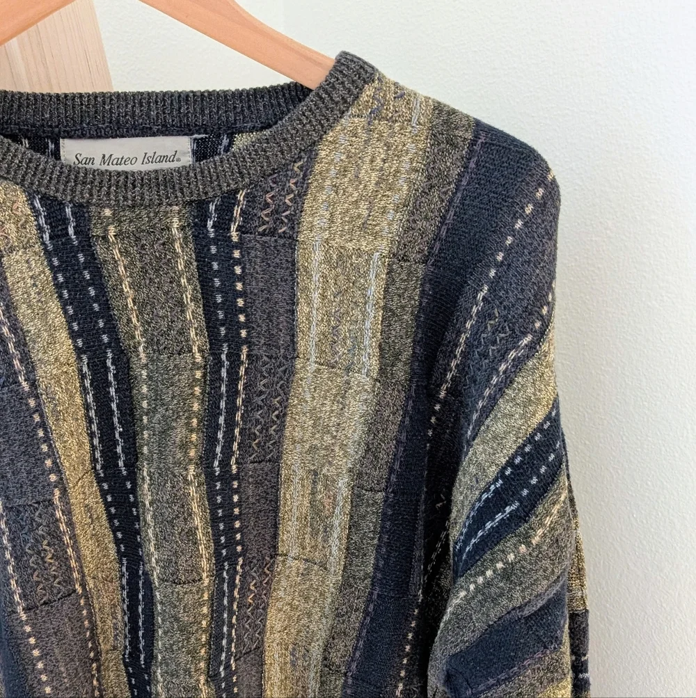 ✨SOLD✨Vintage Coogi Style Textured Earthy Neutral Crewneck Sweater In Navy - Picture 4 of 11